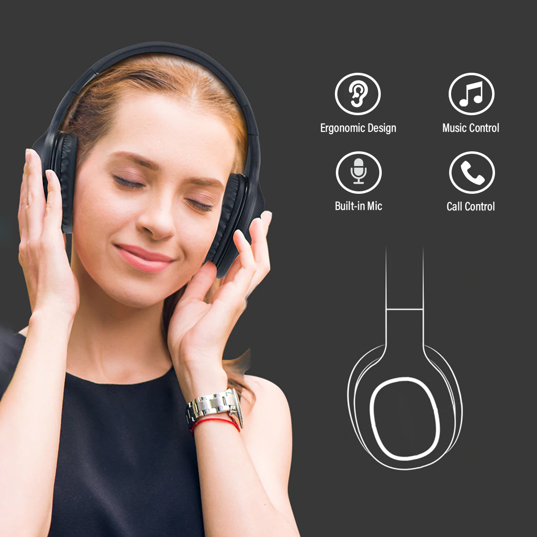 pTron Soundster Lite Over-Ear Bluetooth Headset with High Bass & 12Hrs Playback Time - Black