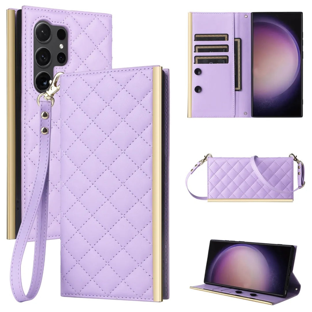 Elegant Quilted Wallet Phone Case with Strap - Samsung