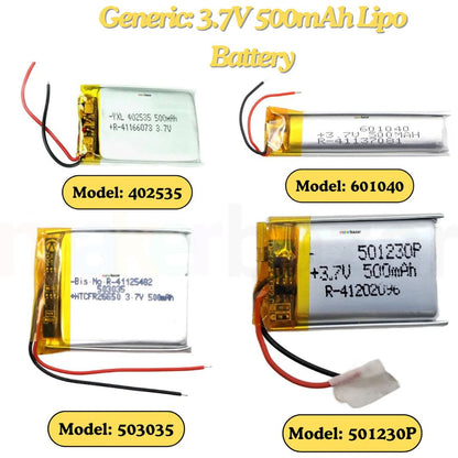 Generic: 3.7V 500mAh Lipo Battery - Single Cell Lithium Polymer Battery