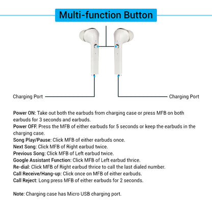 pTron Bassbuds Lite In-Ear True Wireless Bluetooth Earphones (TWS) with Mic - (White)