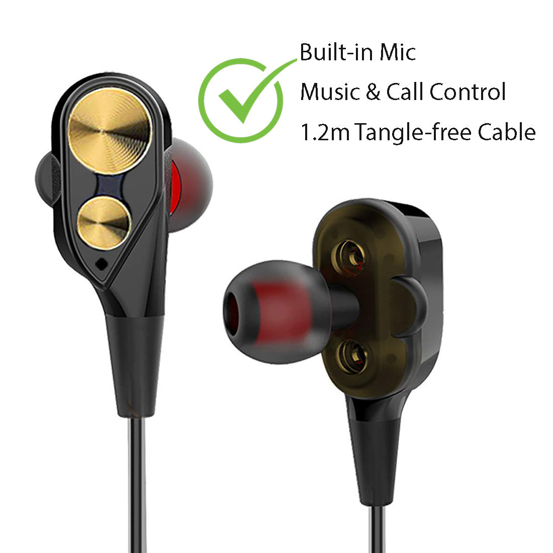 pTron Boom Duo Dual Driver In-Ear Stereo Sound Wired Headset with Mic - (Black & Gold)