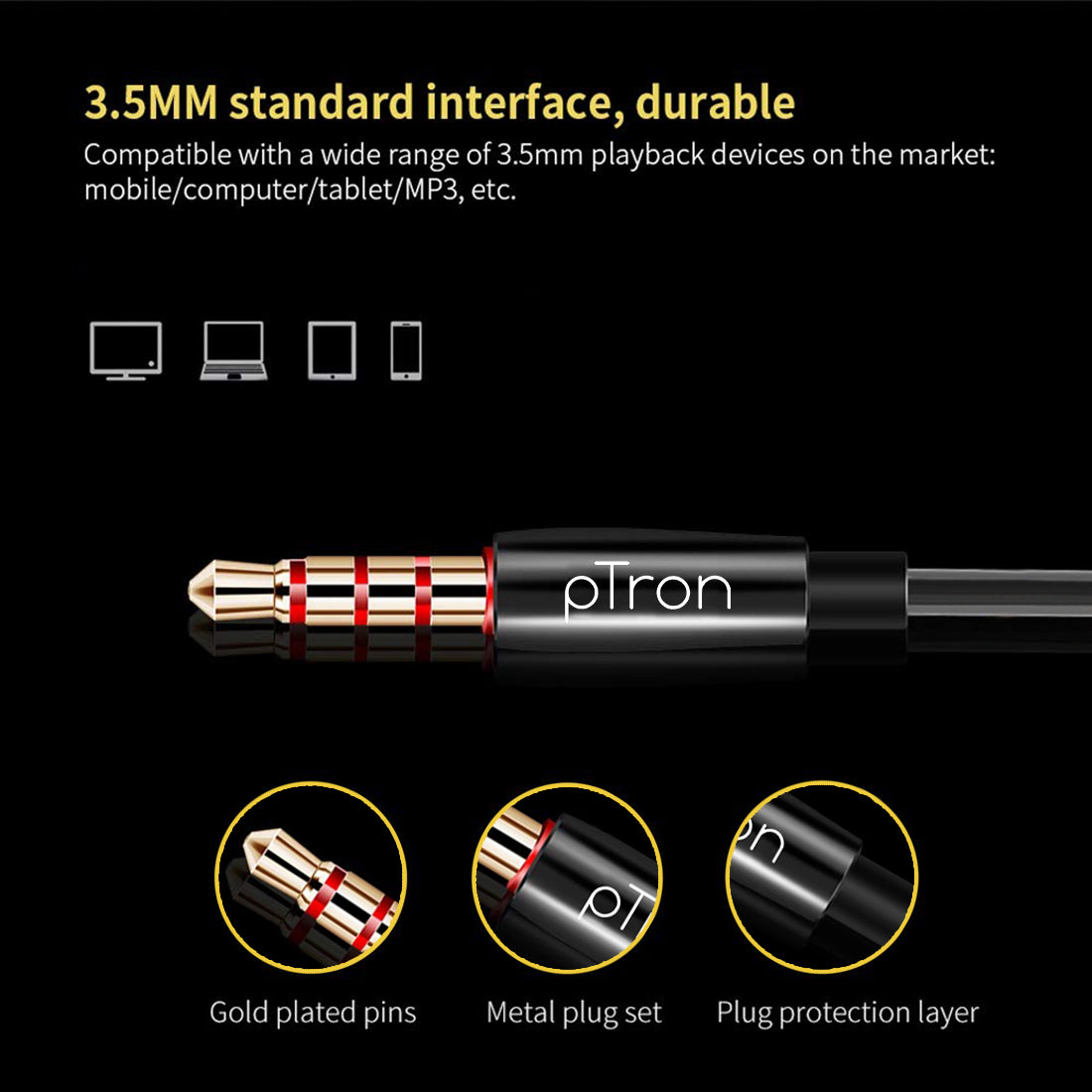 pTron Boom Duo Dual Driver In-Ear Stereo Sound Wired Headset with Mic - (Black & Gold)