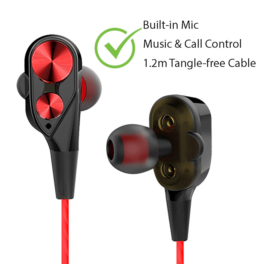 pTron Boom Duo Dual Driver In-Ear Stereo Sound Wired Headset with Mic - (Black & Red)