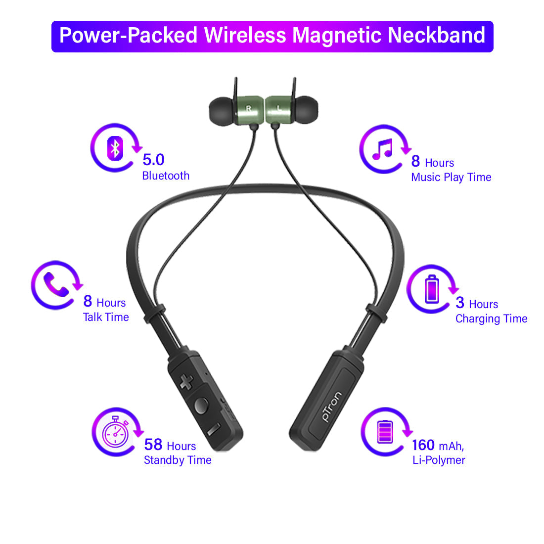 pTron InTunes Elite Bluetooth 5.0 Sports Neckband with 8 Hours Music Time & Mic - (Black/Grey)