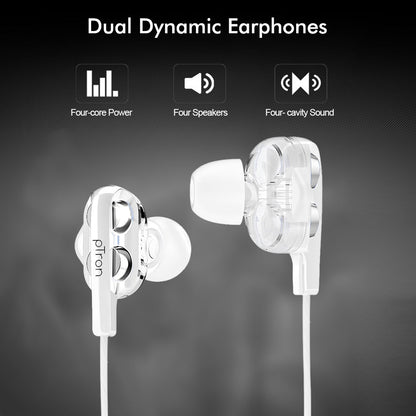 pTron Boom Pro 4D Hi-Fi Dual-driver Stereo Sound Wired Headset with Mic - (White)