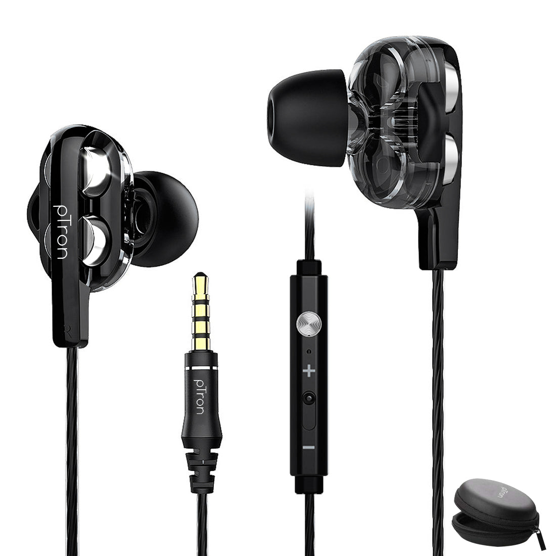 pTron Boom Pro 4D Deep Bass Dual Driver Wired Earphones with Mic for All Smartphones - (Black & Silver)
