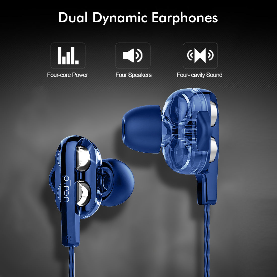 pTron Boom Pro Dual Driver In-Ear Stereo Sound Wired Headset with Mic - (Dark Blue)
