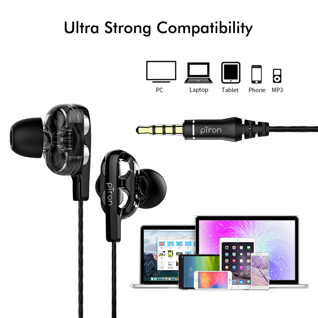 pTron Boom Pro 4D Deep Bass Dual Driver Wired Earphones with Mic for All Smartphones - (Black & Silver)