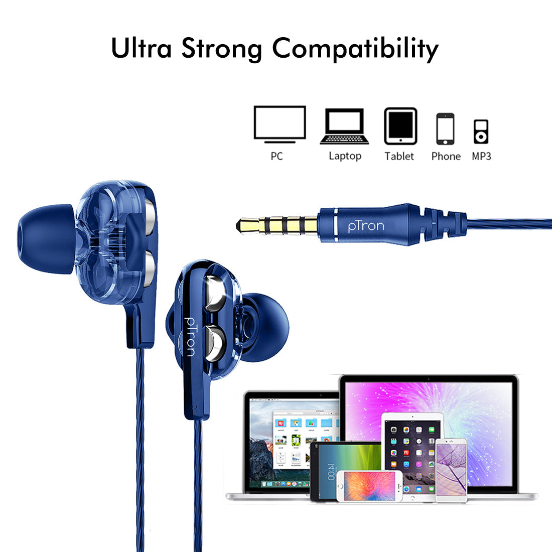 pTron Boom Pro Dual Driver In-Ear Stereo Sound Wired Headset with Mic - (Dark Blue)