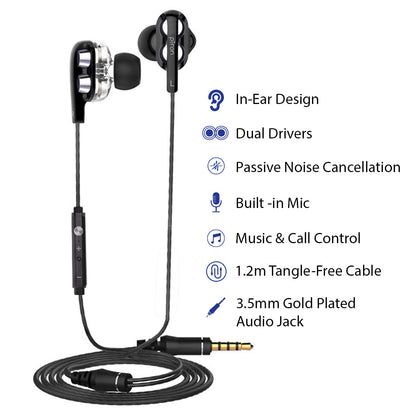 pTron Boom Pro 4D Deep Bass Dual Driver Wired Earphones with Mic for All Smartphones - (Black & Silver)