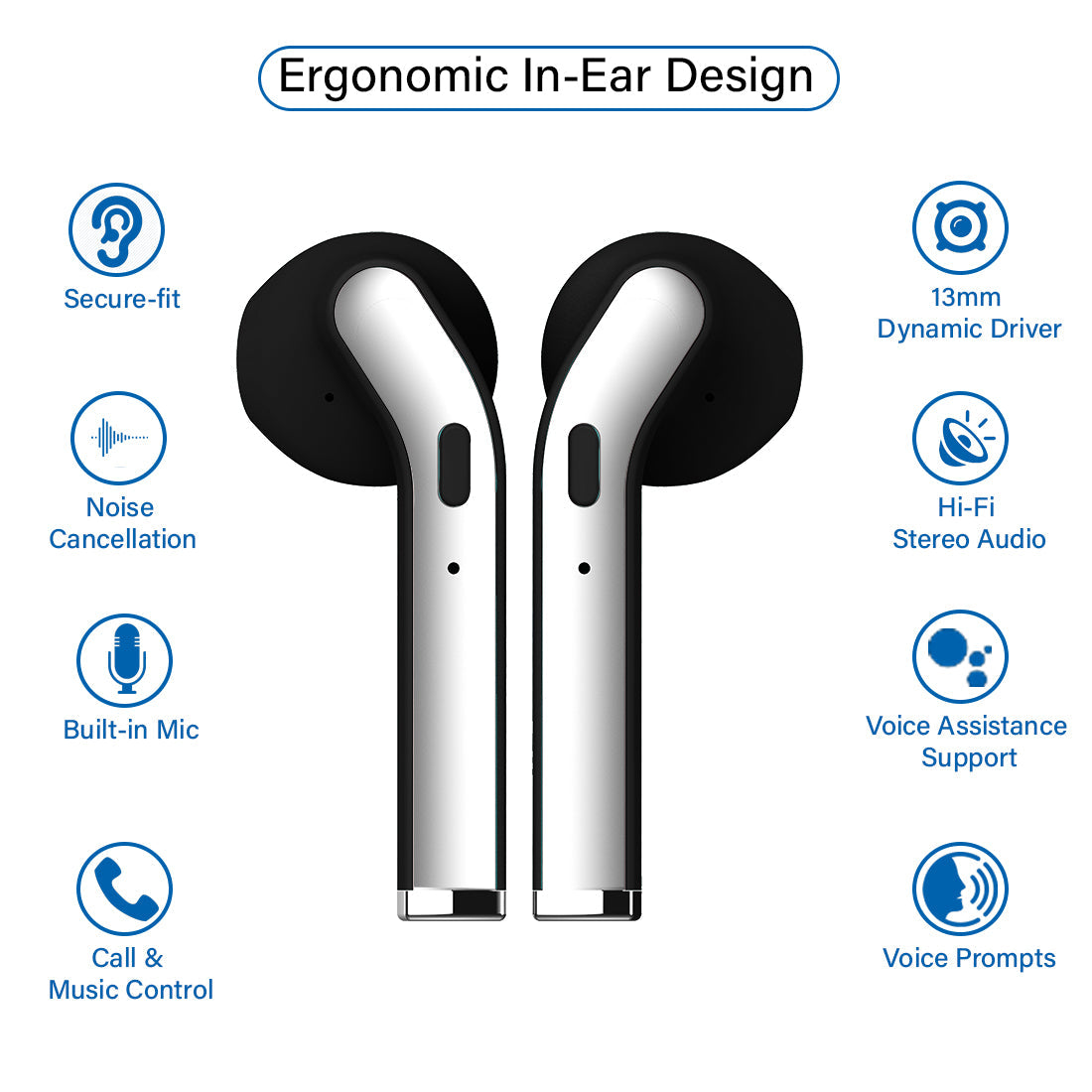 pTron Bassbuds Classic Hi-Fi True Wireless Stereo Earbuds, 12Hrs Playback with Case & Mic - (Black)