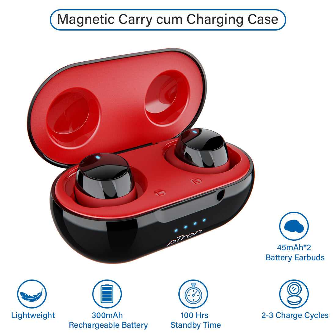 pTron Bassbuds Evo True Wireless Stereo Earphones, 12Hrs Playback with Case & Mic - Black/Red