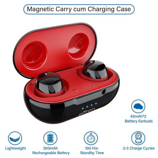 pTron Bassbuds Evo True Wireless Stereo Earphones, 12Hrs Playback with Case & Mic - Black/Red