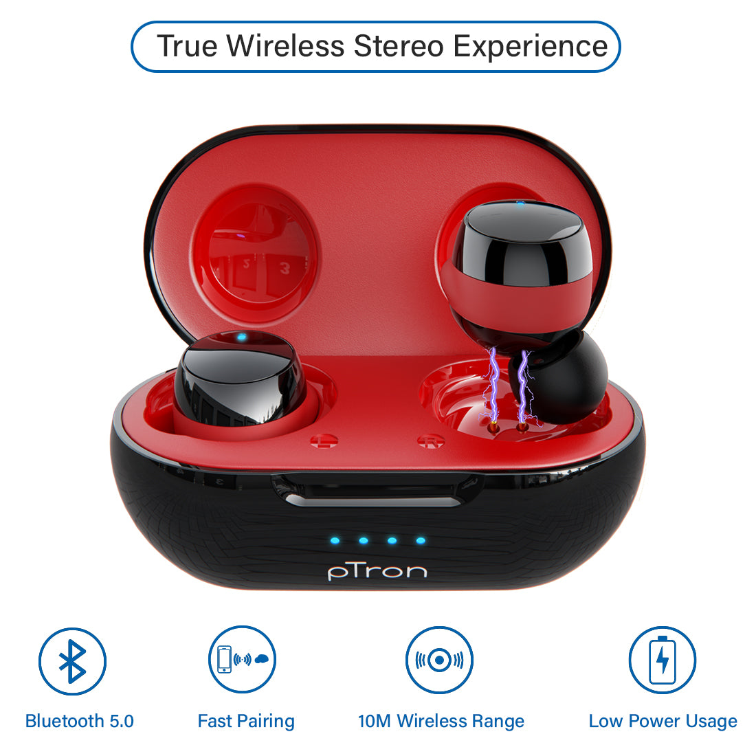 pTron Bassbuds Evo True Wireless Stereo Earphones, 12Hrs Playback with Case & Mic - Black/Red