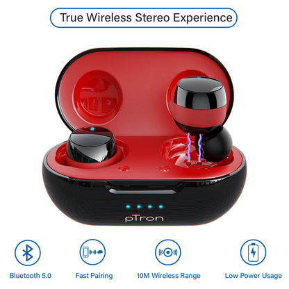 pTron Bassbuds Evo True Wireless Stereo Earphones, 12Hrs Playback with Case & Mic - Black/Red