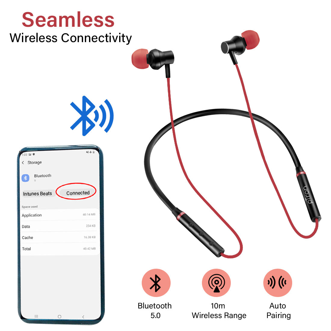 pTron InTunes Beats In-Ear Magnetic Stereo Wireless Neckband with Mic - (Black/Red)