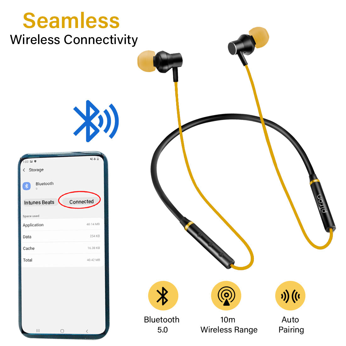 pTron InTunes Beats In-Ear Magnetic Stereo Wireless Neckband with Mic - (Black/Yellow)