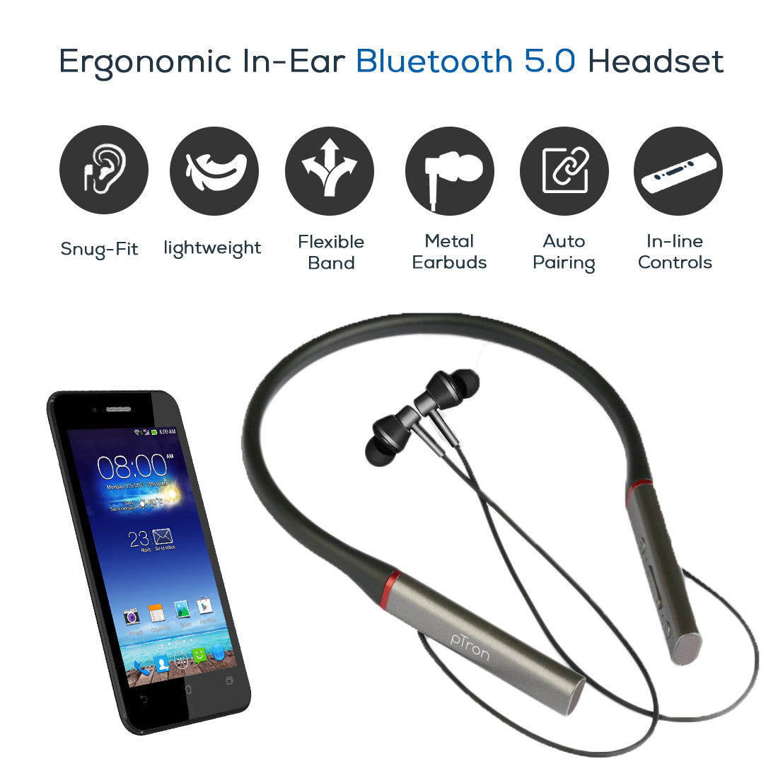 pTron InTunes Classic Wireless Earphones with 15Hrs Playback & Selfie Button - (Grey/Black)