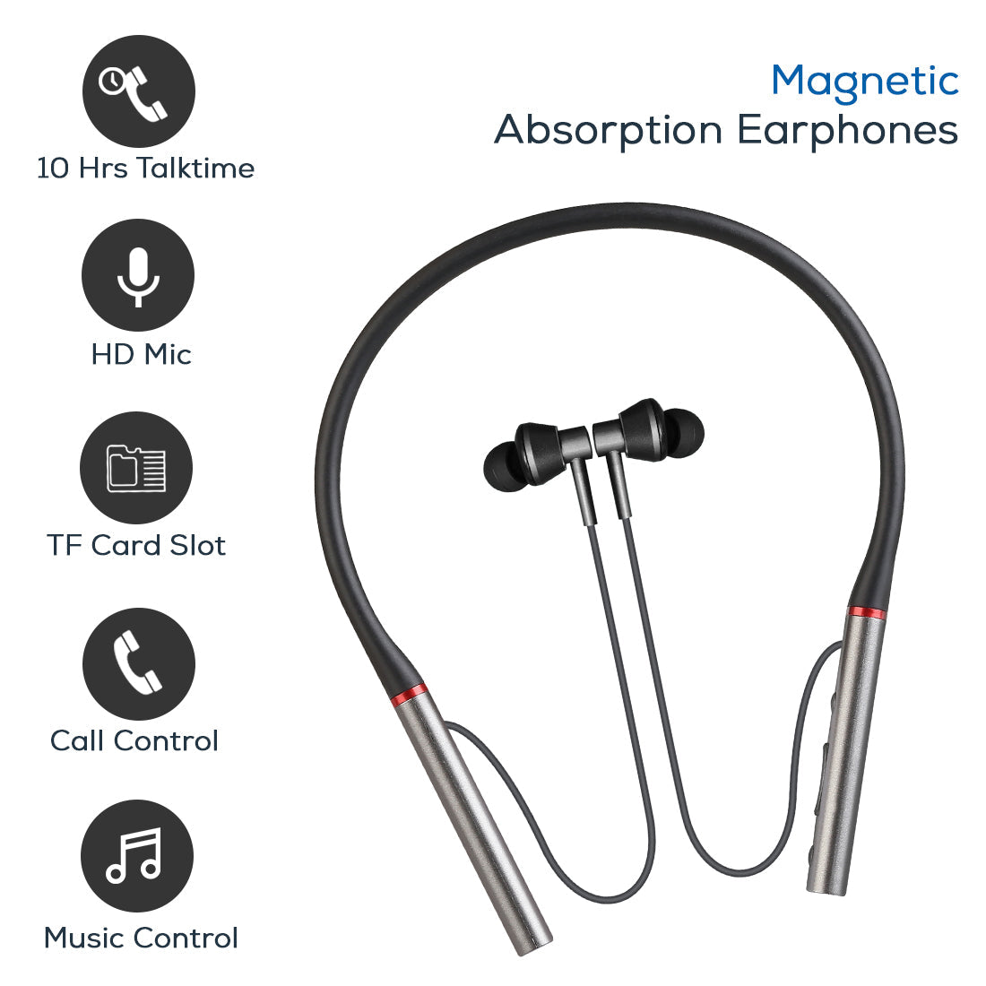 pTron InTunes Classic Wireless Earphones with 15Hrs Playback & Selfie Button - (Grey/Black)