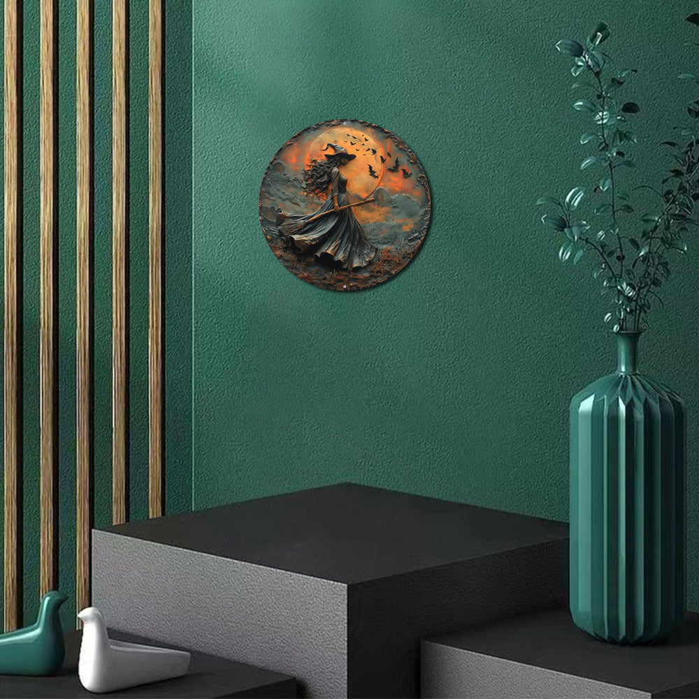 0207ba 1pc 8x8 Inch Round Aluminum Flat Sign - Unique 2D Gothic Witch Themed Decoration for Office Room, Home Door, Wall Art Decor - Compact Size, Durable, Lightweight, Perfect Holiday Gift Idea