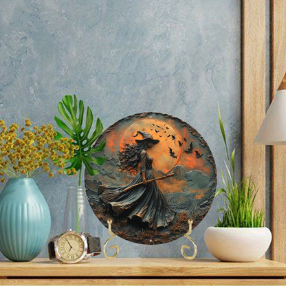0207ba 1pc 8x8 Inch Round Aluminum Flat Sign - Unique 2D Gothic Witch Themed Decoration for Office Room, Home Door, Wall Art Decor - Compact Size, Durable, Lightweight, Perfect Holiday Gift Idea
