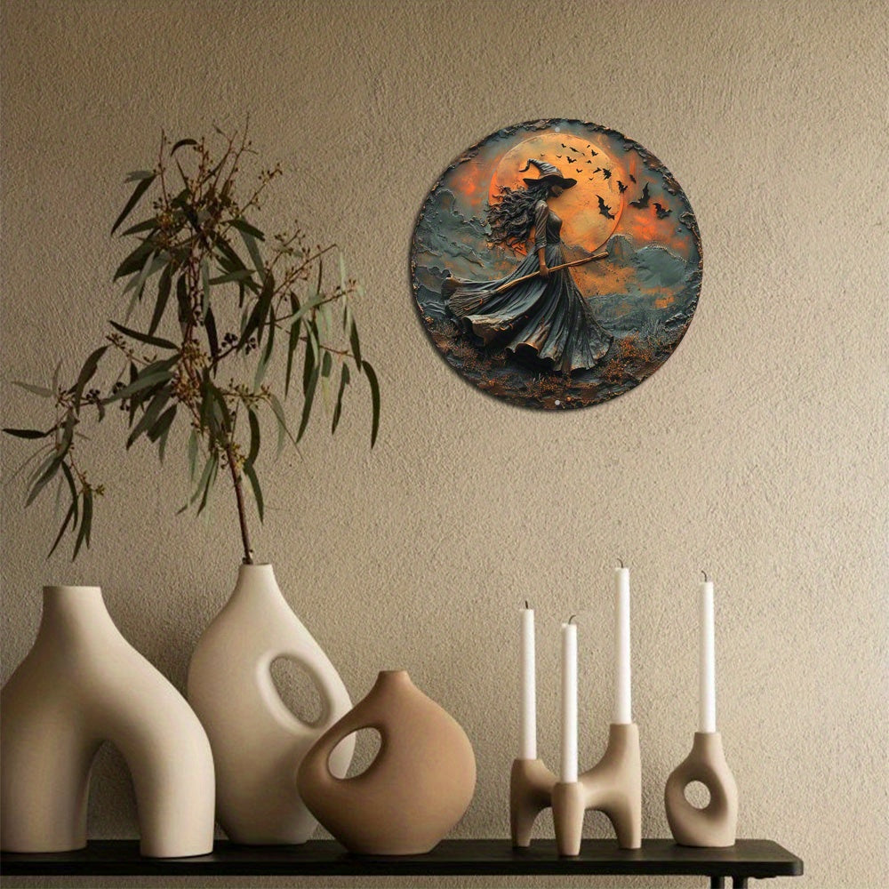 0207ba 1pc 8x8 Inch Round Aluminum Flat Sign - Unique 2D Gothic Witch Themed Decoration for Office Room, Home Door, Wall Art Decor - Compact Size, Durable, Lightweight, Perfect Holiday Gift Idea