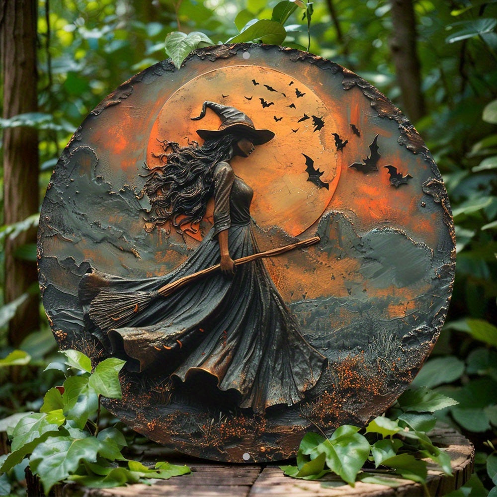 0207ba 1pc 8x8 Inch Round Aluminum Flat Sign - Unique 2D Gothic Witch Themed Decoration for Office Room, Home Door, Wall Art Decor - Compact Size, Durable, Lightweight, Perfect Holiday Gift Idea