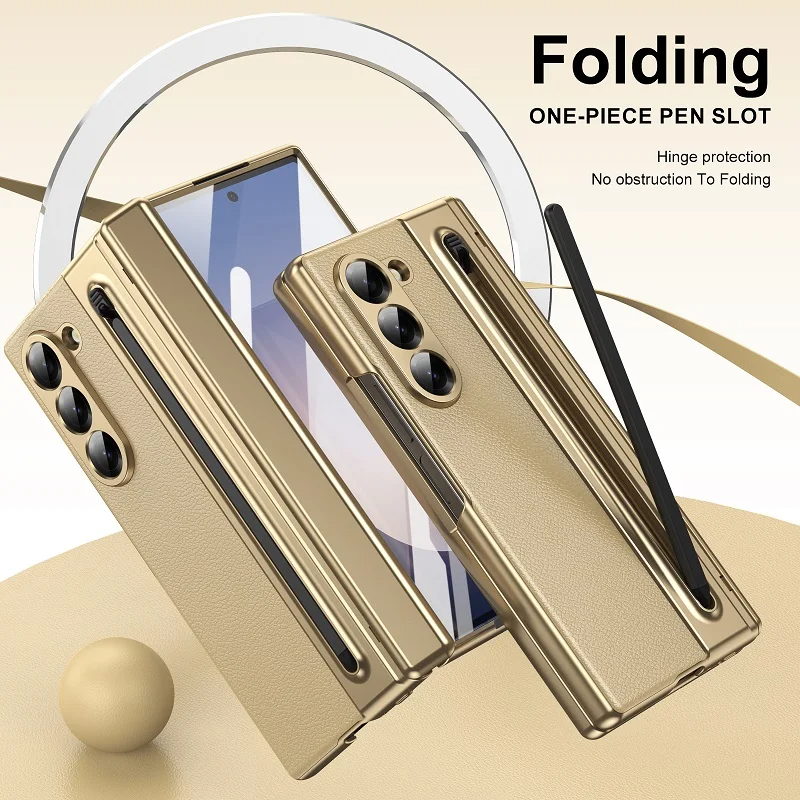 Galaxy Z Fold6 Plating Leather Case with Pen Slot & Hinge Protection