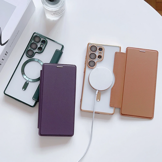 Galaxy S25 Ultra Magnetic Magsafe Genuine Leather Flip Case