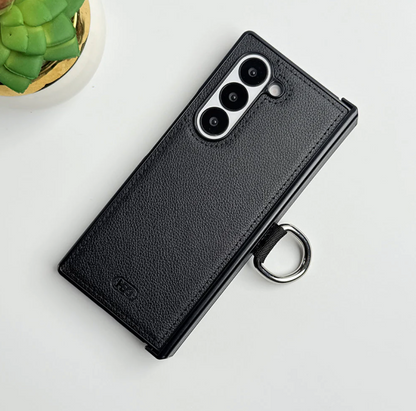 Galaxy Z Fold6 PU Leather Hinge Guard Metal Ring Case
