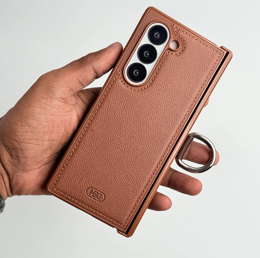Galaxy Z Fold6 PU Leather Hinge Guard Metal Ring Case