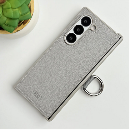 Galaxy Z Fold6 PU Leather Hinge Guard Metal Ring Case