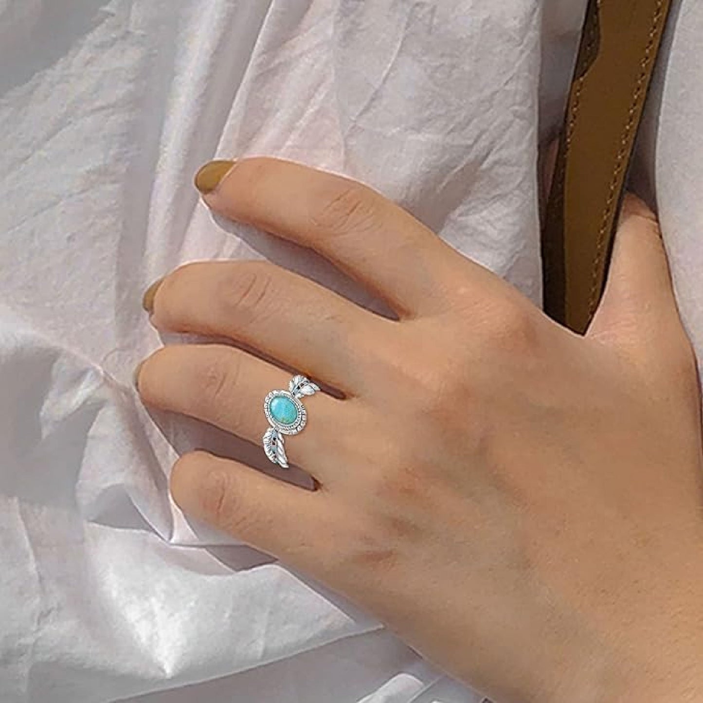 Wholesale Women's Oval Turquoise & Silver Feather Metal Ring - Assorted Sizes