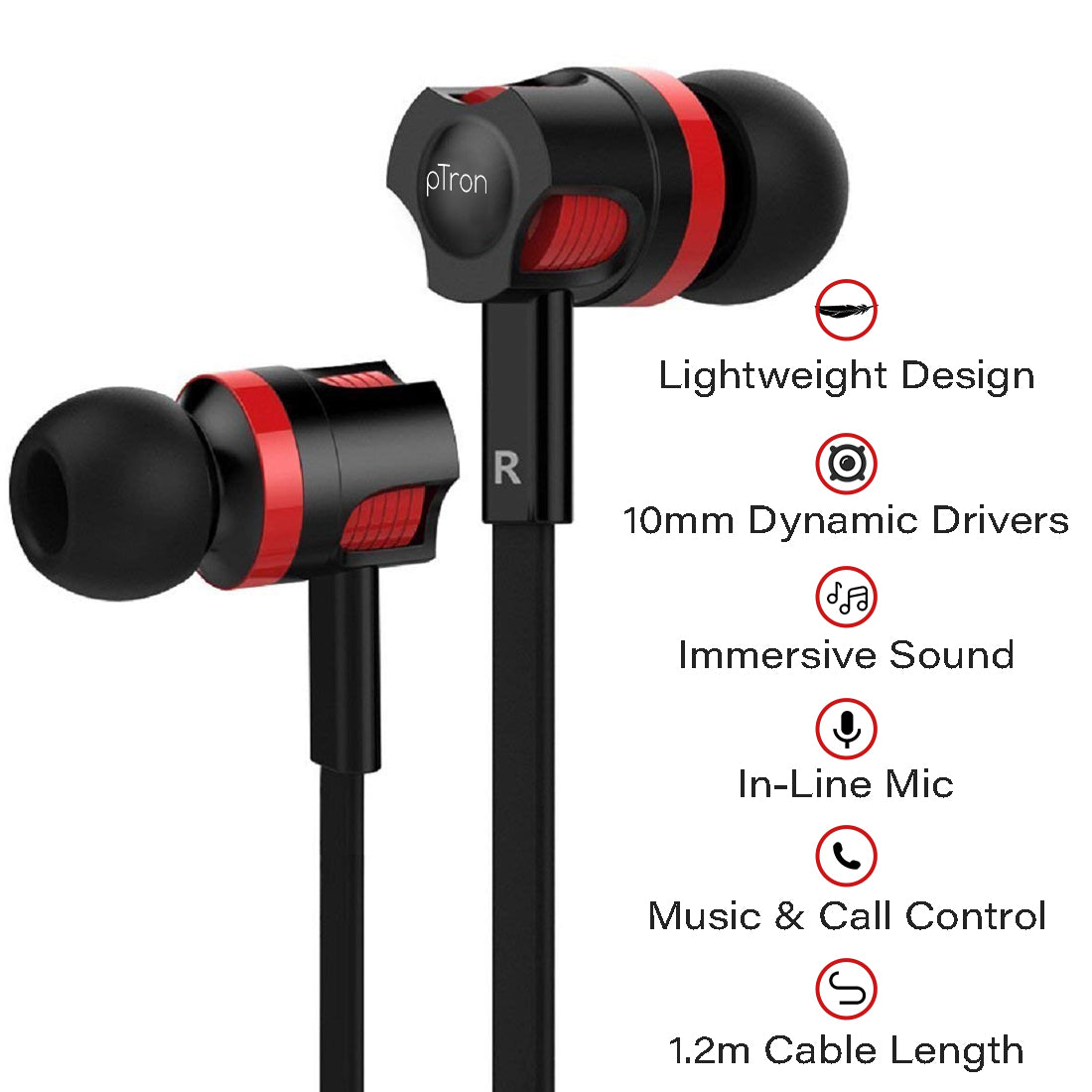 pTron HBE Melo Stereo Sound 3.5mm Audio Jack Wired Earphones with Mic - (Red/Black)