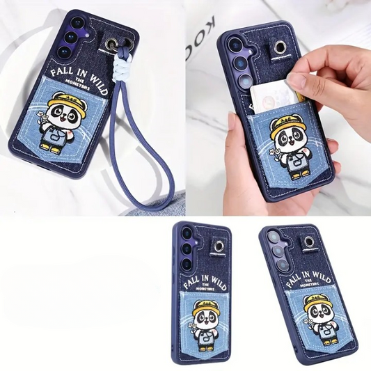Denim Embroidery Card Holder Strap Case - Samsung