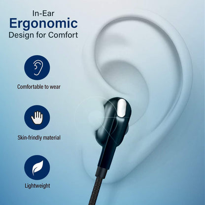 pTron Boom Lite in-Ear Wired Earphones with Stereo Sound, Dual Drivers, Ergonomic & Secure-fit, 1.2M Tangle-Free Braided Cable, Gold-Plated 3.5mm Audio Jack, in-line Mic & Volume Control - (Blue)