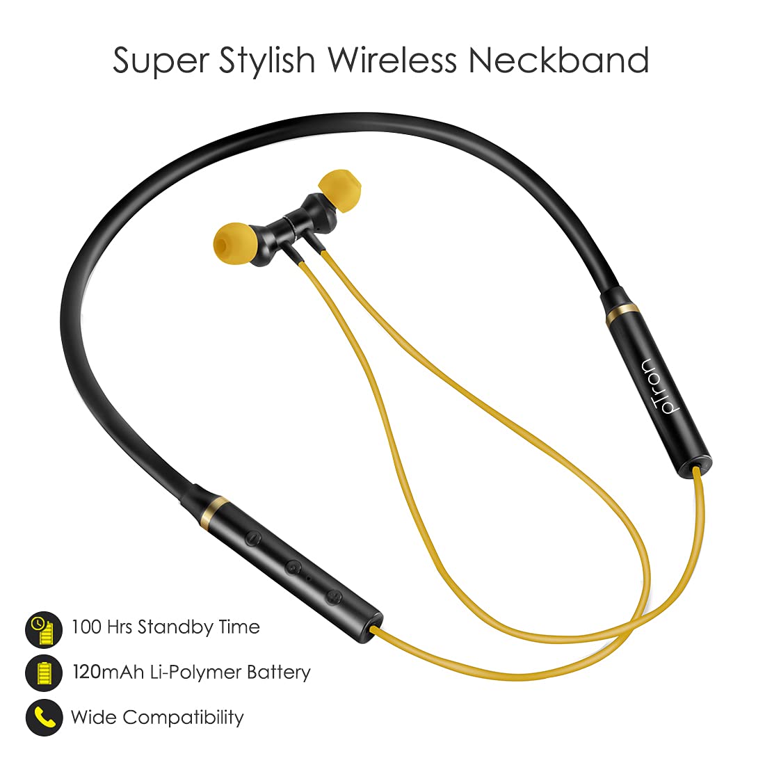pTron Tangentbeat Magnetic In-Ear Wireless Bluetooth Headphones with Mic - (Black & Yellow)