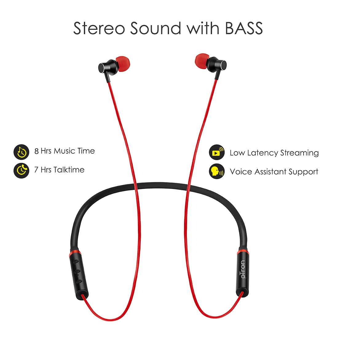 pTron Tangentbeat Magnetic In-Ear Wireless Bluetooth Headphones with Mic - (Black & Red)