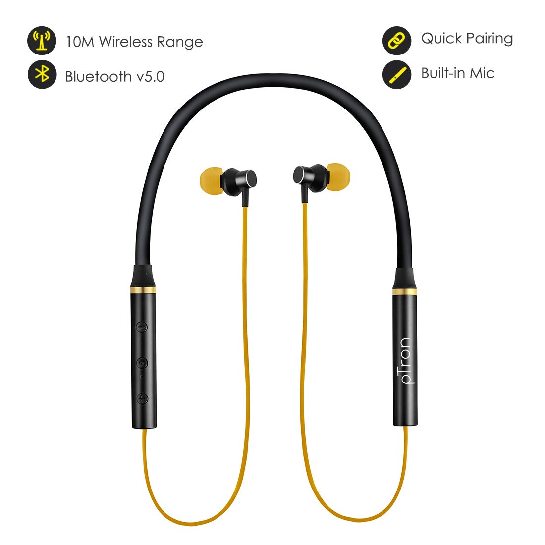pTron Tangentbeat Magnetic In-Ear Wireless Bluetooth Headphones with Mic - (Black & Yellow)
