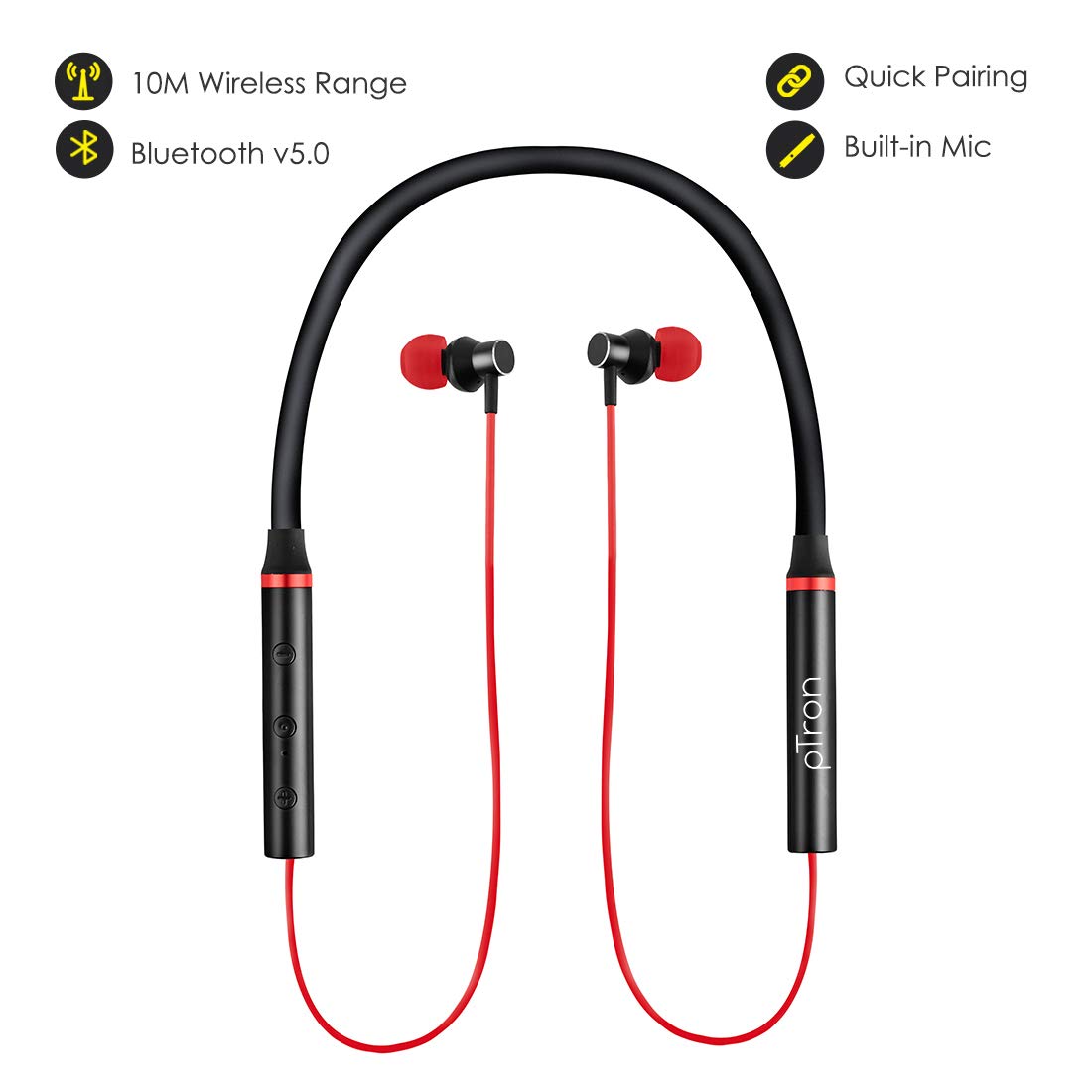 pTron Tangentbeat Magnetic In-Ear Wireless Bluetooth Headphones with Mic - (Black & Red)