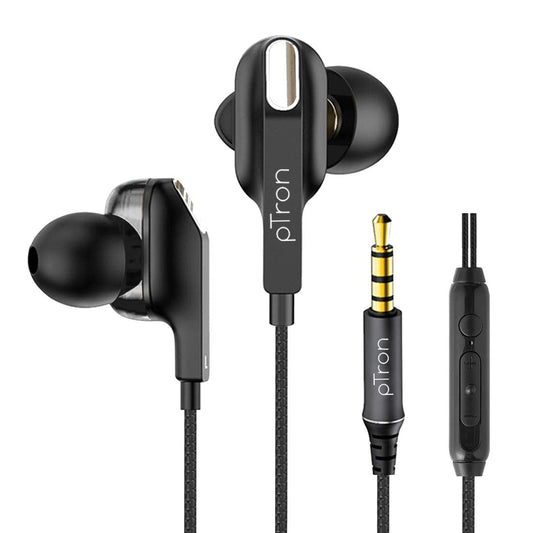 pTron Boom Lite in-Ear Wired Earphones with Stereo Sound, Dual Drivers, Ergonomic & Secure-fit, 1.2M Tangle-Free Braided Cable, Gold-Plated 3.5mm Audio Jack, in-line Mic & Volume Control - (Blue)