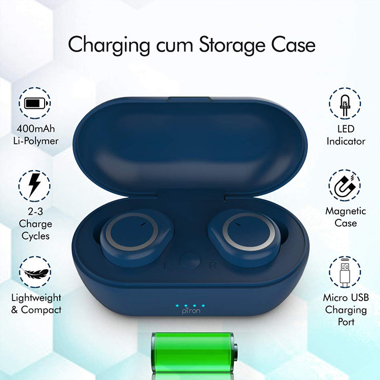 pTron Bassbuds True Wireless Bluetooth Headphones (TWS) with Mic - (Blue)
