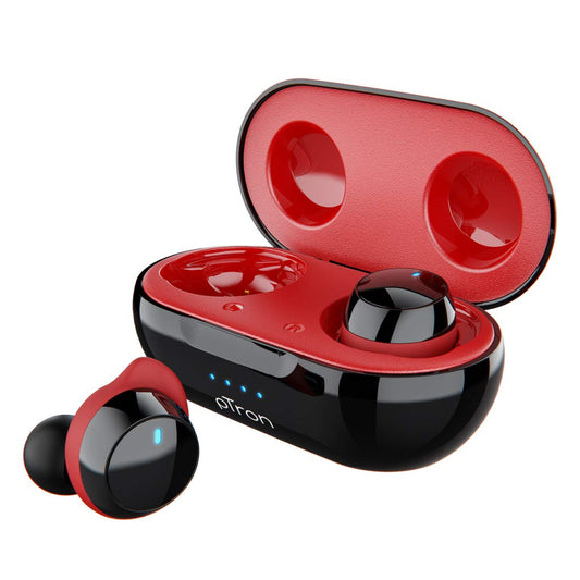 pTron Bassbuds Elite True Wireless Headphones (TWS), Bluetooth 5.0, Hi-Fi Sound with Bass, Passive Noise Cancellation & Mic - (Black & Red)