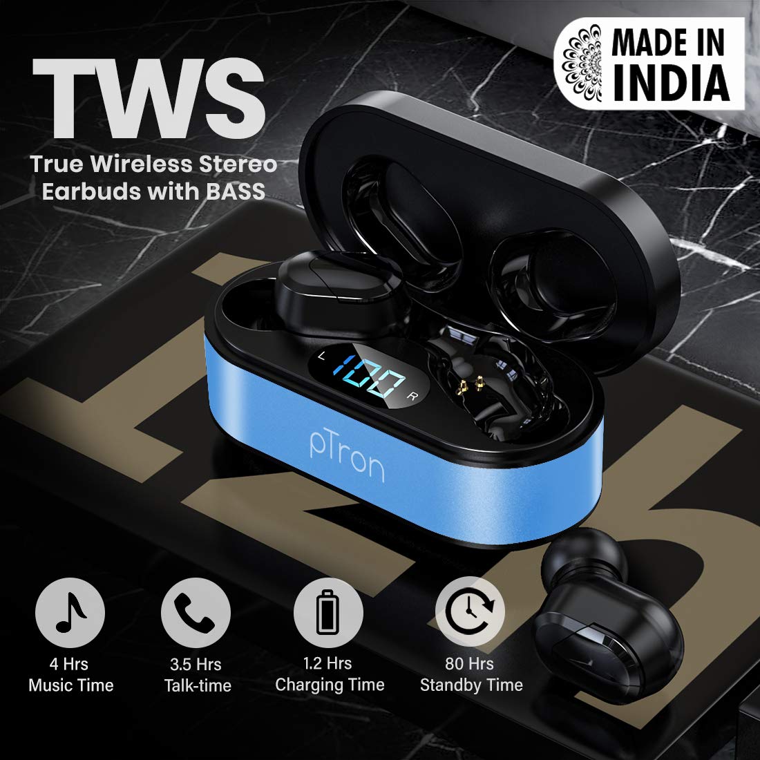 pTron Bassbuds Plus In-Ear True Wireless Stereo Headphones (TWS) with Mic - (Blue & Black)