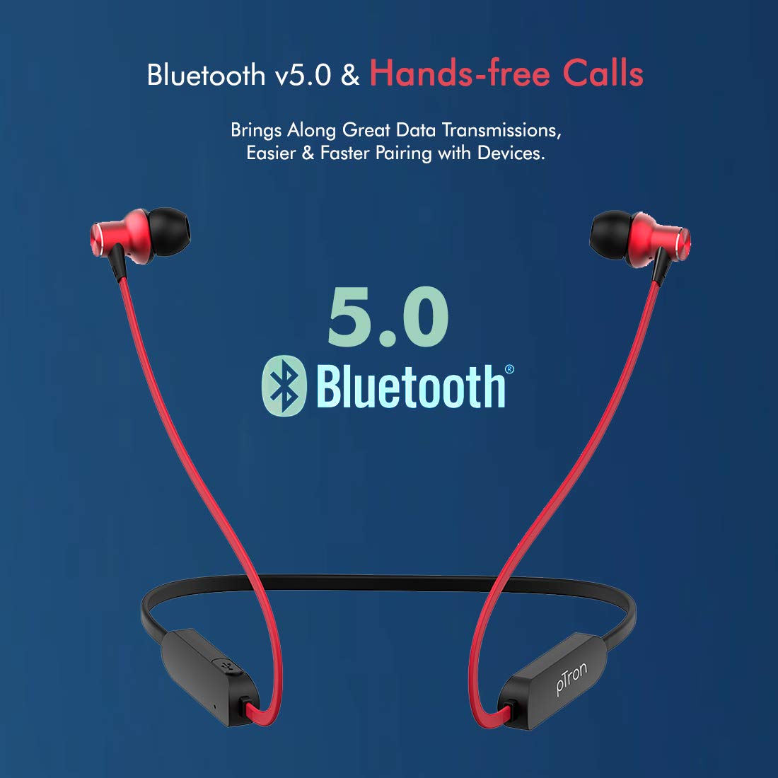 pTron Bassfest Plus Magnetic In-Ear Bluetooth 5.0 Wireless Headphones, Stereo Sound with Bass, IPX4 Water & Sweat Resistant, Voice Assistance, Ergonomic & Lightweight, Built-in Mic - (Black & Red)