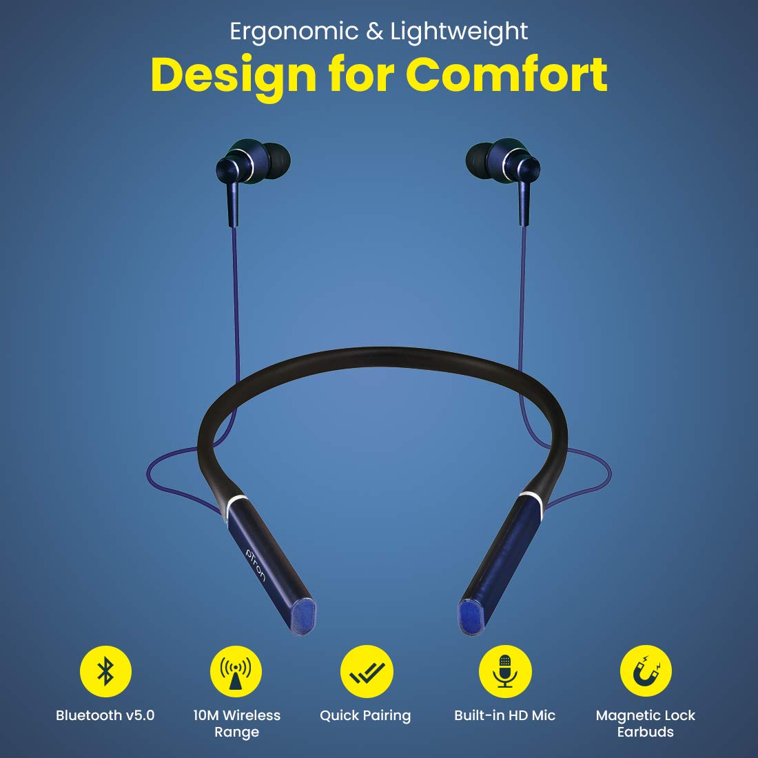 pTron Tangent Plus Magnetic in-Ear Wireless Bluetooth 5.0 Headphones, 15hrs Playback with Deep Bass, TF Player & Selfie Feature, IPX4 Water/Sweat Resistant, Ergonomic Neckband with Mic - (Dark Blue)