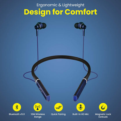pTron Tangent Plus Magnetic in-Ear Wireless Bluetooth 5.0 Headphones, 15hrs Playback with Deep Bass, TF Player & Selfie Feature, IPX4 Water/Sweat Resistant, Ergonomic Neckband with Mic - (Dark Blue)