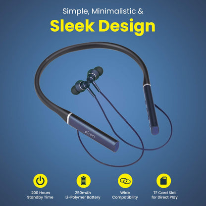 pTron Tangent Plus Magnetic in-Ear Wireless Bluetooth 5.0 Headphones, 15hrs Playback with Deep Bass, TF Player & Selfie Feature, IPX4 Water/Sweat Resistant, Ergonomic Neckband with Mic - (Dark Blue)