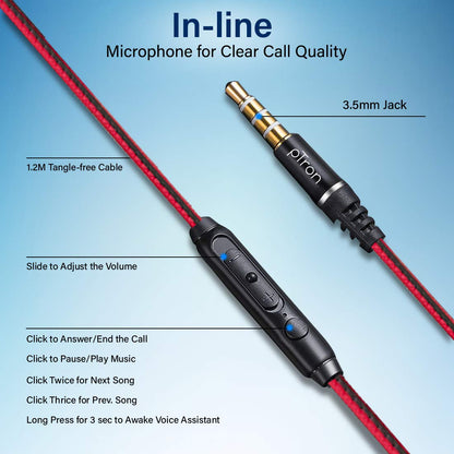 pTron Boom Lite in-Ear Wired Earphones with Stereo Sound, Dual Drivers, Ergonomic & Secure-fit, 1.2M Tangle-Free Braided Cable, Gold-Plated 3.5mm Audio Jack, in-line Mic & Volume Control - (Red)