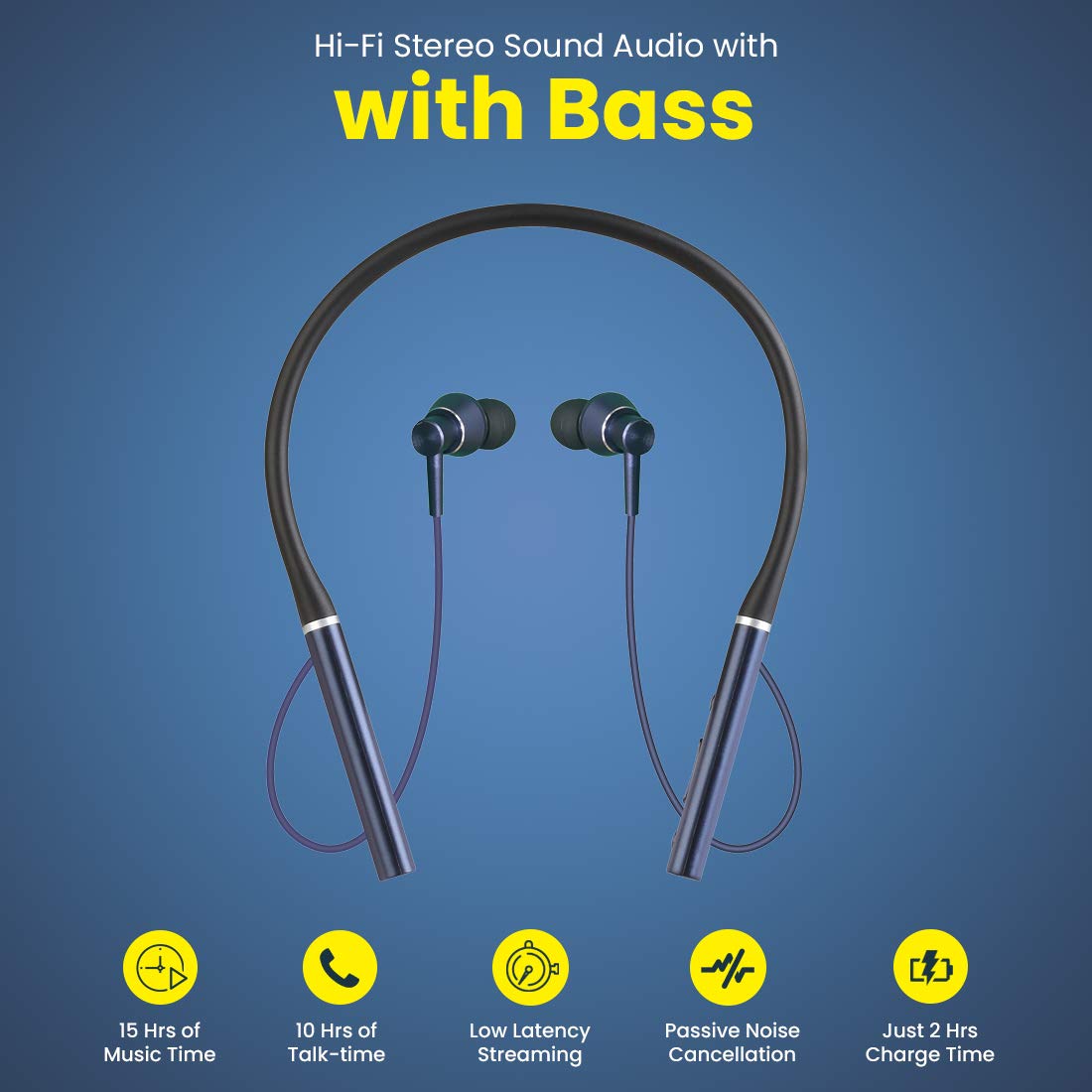 pTron Tangent Plus Magnetic in-Ear Wireless Bluetooth 5.0 Headphones, 15hrs Playback with Deep Bass, TF Player & Selfie Feature, IPX4 Water/Sweat Resistant, Ergonomic Neckband with Mic - (Dark Blue)